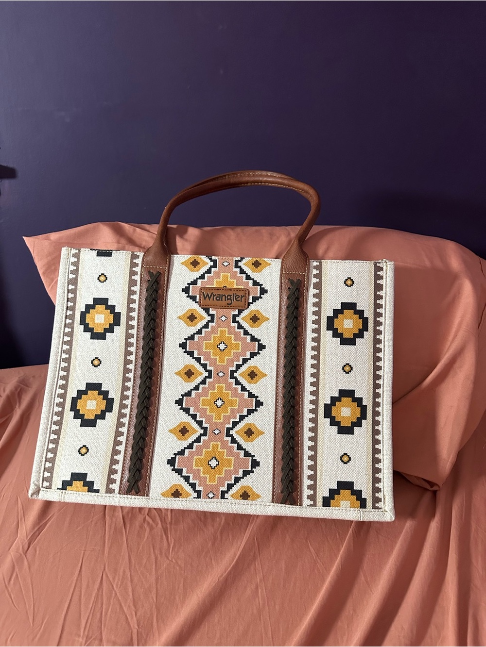Wrangler Canvas Tote with Brown Leather Handles and Geometric Aztec Print